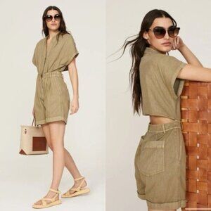 Vanessa Bruno Atalante Linen Romper L Olive Cutout Utility Playsuit Khaki Pocket